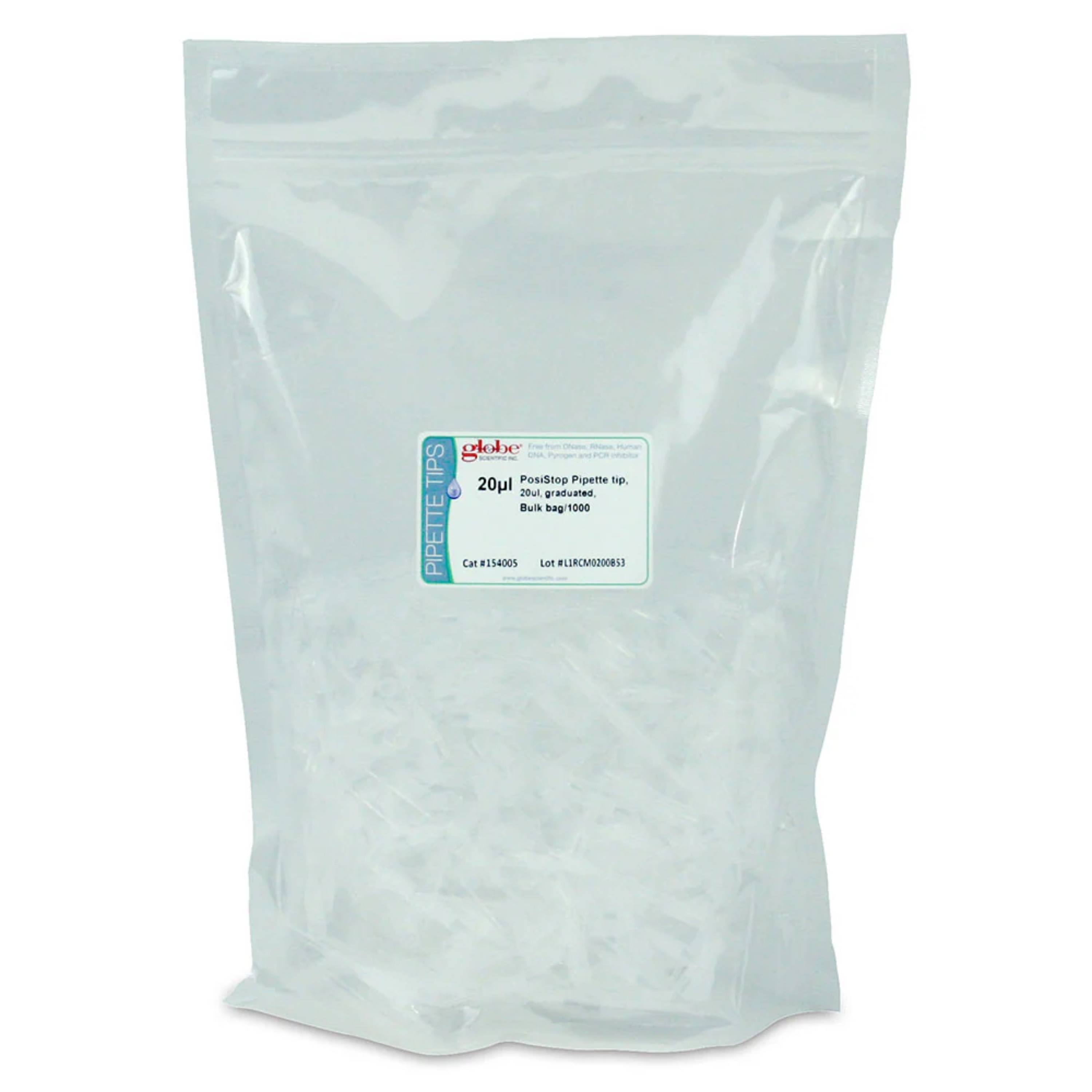 Globe Scientific Posistop Pipette Tip, 20ul, Sterilegraduated, Bulk Bag/1000