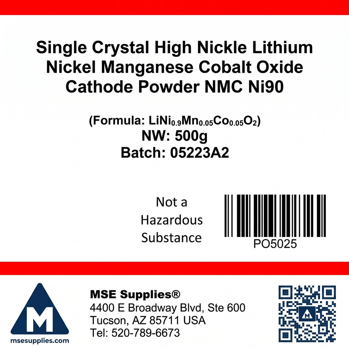 MSE PRO Single Crystal High Nickel NMC Ni90 Lithium Nickel Manganese Cobalt Oxide (LiNi<sub>0.9</sub>Mn<sub>0.05</sub>Co<sub>0.05</sub>O<sub>2</sub>) Cathode Powder, 500g AI image