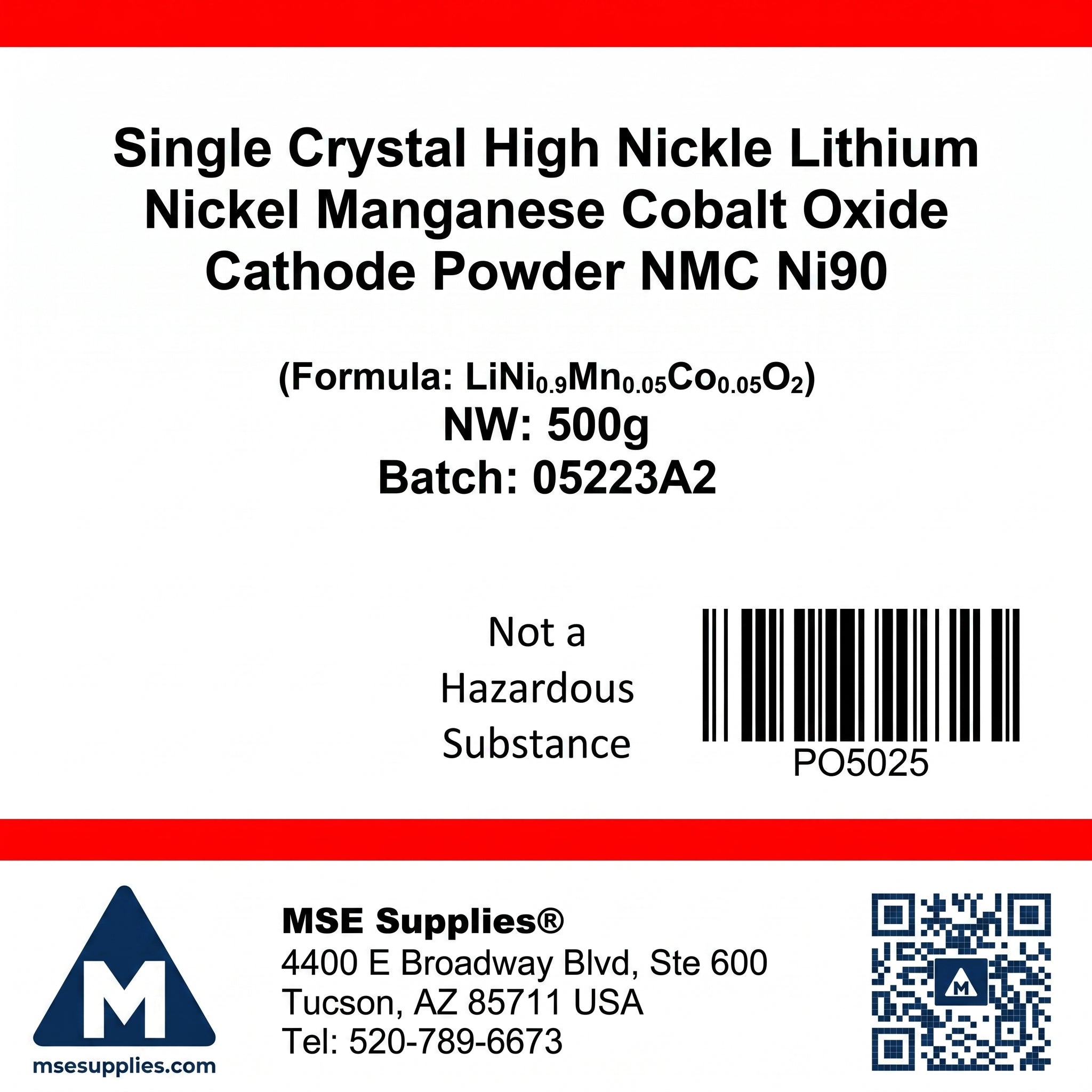 MSE PRO Single Crystal High Nickel NMC Ni90 Lithium Nickel Manganese Cobalt Oxide (LiNi<sub>0.9</sub>Mn<sub>0.05</sub>Co<sub>0.05</sub>O<sub>2</sub>) Cathode Powder, 500g AI image