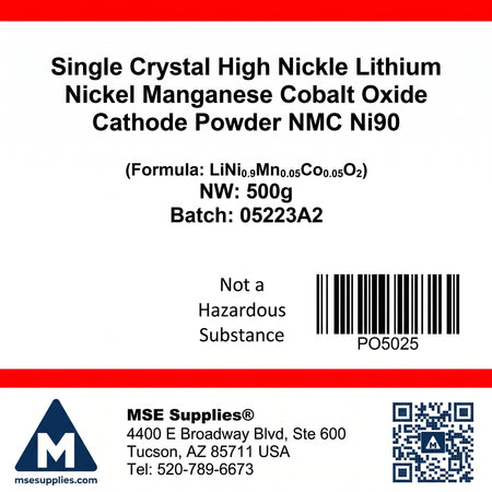 MSE PRO Single Crystal High Nickel NMC Ni90 Lithium Nickel Manganese Cobalt Oxide (LiNi<sub>0.9</sub>Mn<sub>0.05</sub>Co<sub>0.05</sub>O<sub>2</sub>) Cathode Powder, 500g AI image