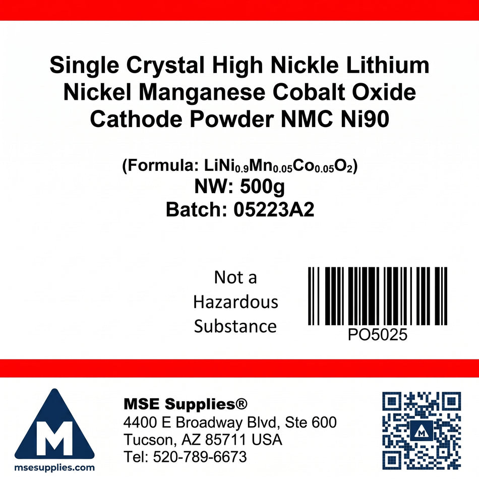 MSE PRO Single Crystal High Nickel NMC Ni90 Lithium Nickel Manganese Cobalt Oxide (LiNi<sub>0.9</sub>Mn<sub>0.05</sub>Co<sub>0.05</sub>O<sub>2</sub>) Cathode Powder, 500g AI image