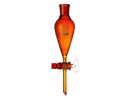 2000 mL Separatory funnel SQUIBB, with stopper ungraduated, ST-PE stopper on top of funnel, amber stained glass, Borosilicate glass 3.3, 1 pc, Labware, Witeg, MSE Supplies