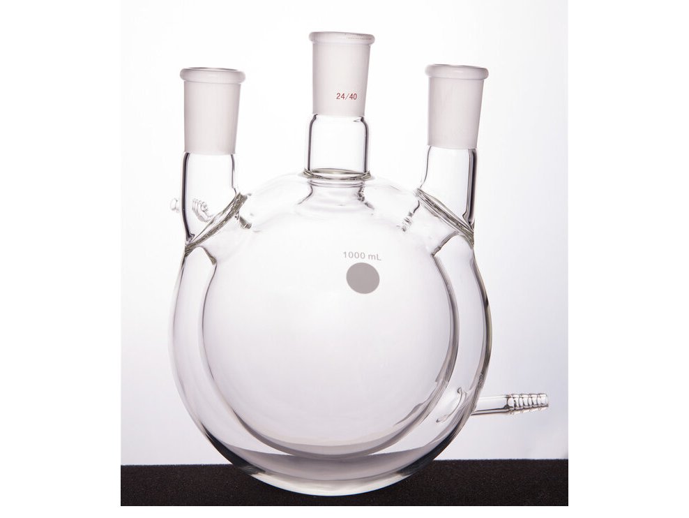 MSE PRO Jacketed All-Inclusive, Straight Three-Mouth Round Bottom Ball Bottle, Middle Grinding Mouth: 24/40, Side Mouth: 24/40, 1000mL