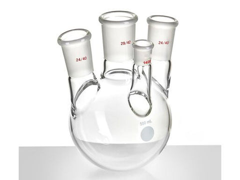 MSE PRO Small Angle Four-Mouth Ball Bottle, Main Mouth: 29/42, Side Mouth: 24/40, Front Mouth: 14/20, 500mL