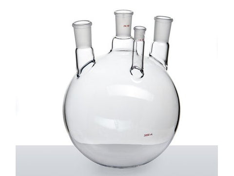 MSE PRO Small Angle Four-Mouth Ball Bottle, Main Mouth: 24/40, Side Mouth: 24/40, Front Mouth: 14/20, 3L - MSE Supplies LLC