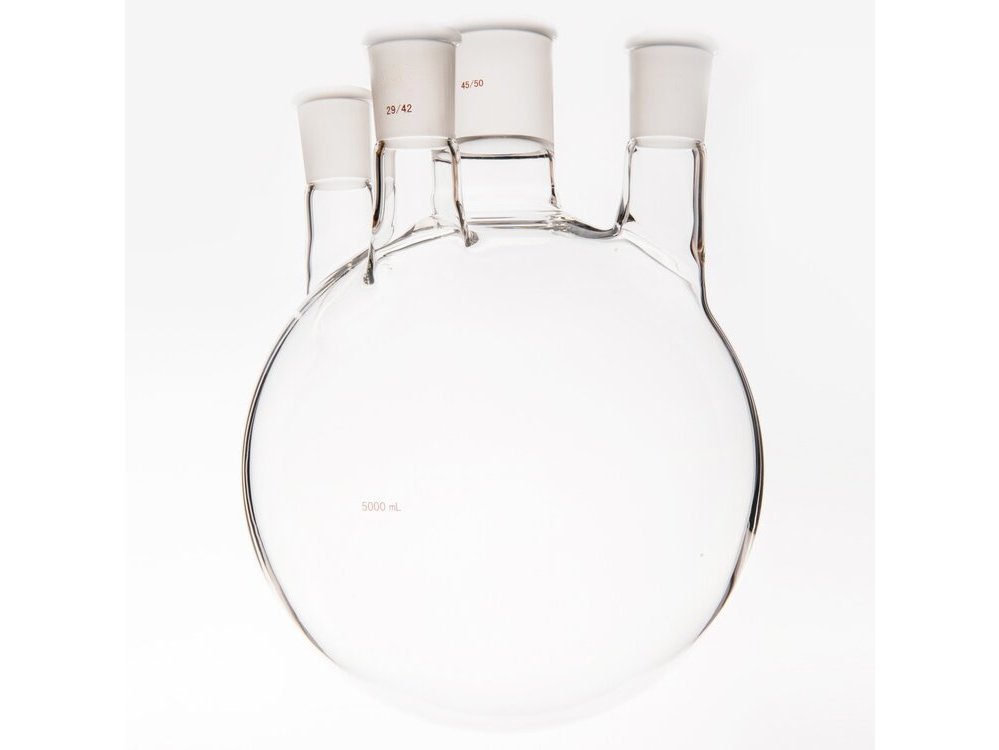 MSE PRO Small Angle Four-Mouth Round Bottom Ball Bottle, Middle Grinding Mouth: 45/50, Side Grinding Mouth: 29/42, 5000mL