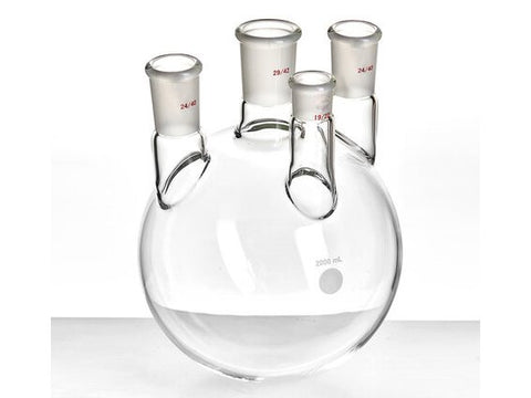 MSE PRO Straight Four-Mouth Round Bottom Ball Bottle, Main Mouth: 29/42, Side Mouth: 24/40, Front Mouth: 19/22, 2000mL