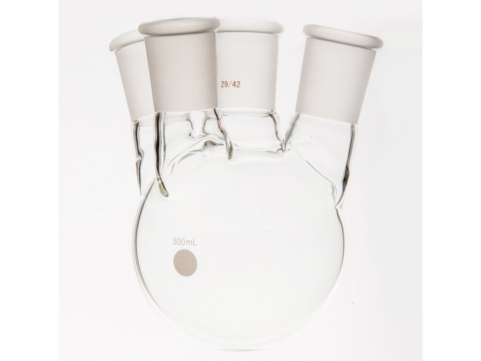 MSE PRO Small Angle Four-Mouth Round Bottom Ball Bottle, Middle Grinding Mouth: 29/42, Side Grinding Mouth: 29/42, 500mL