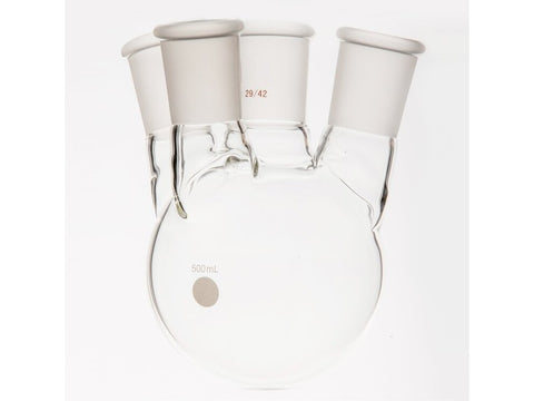 MSE PRO Small Angle Four-Mouth Round Bottom Ball Bottle, Middle Grinding Mouth: 29/42, Side Grinding Mouth: 29/42, 500mL