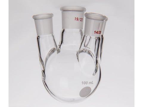 MSE PRO Small Angle Four-Mouth Round Bottom Ball Bottle, Middle Grinding Mouth: 19/22, Side Grinding Mouth: 14/20, 100mL