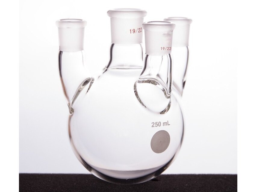MSE PRO Straight Four-Mouth Round Bottom Ball Bottle, Main Mouth: 19/22, Side Mouth: 19/22, Front Mouth: 19/22, 250mL