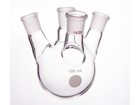 MSE PRO Slanted Four-Mouth Round Bottom Ball Bottle, Middle Grinding Mouth: 14/20, Side Grinding Mouth: 14/20, 100mL