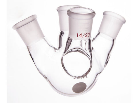 MSE PRO Slanted Four-Mouth Round Bottom Ball Bottle, Middle Grinding Mouth: 14/20, Side Grinding Mouth: 14/20, 25mL