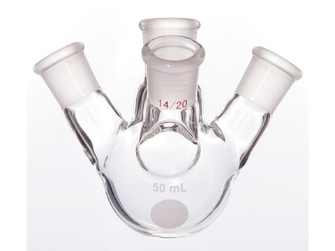MSE PRO Slanted Four-Mouth Round Bottom Ball Bottle, Middle Grinding Mouth: 14/20, Side Grinding Mouth: 14/20, 50mL