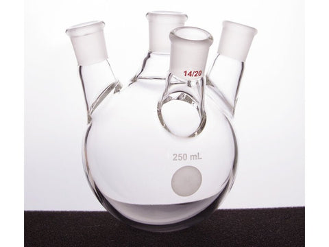 MSE PRO Slanted Four-Mouth Round Bottom Ball Bottle, Middle Grinding Mouth: 14/20, Side Grinding Mouth: 14/20, 250mL