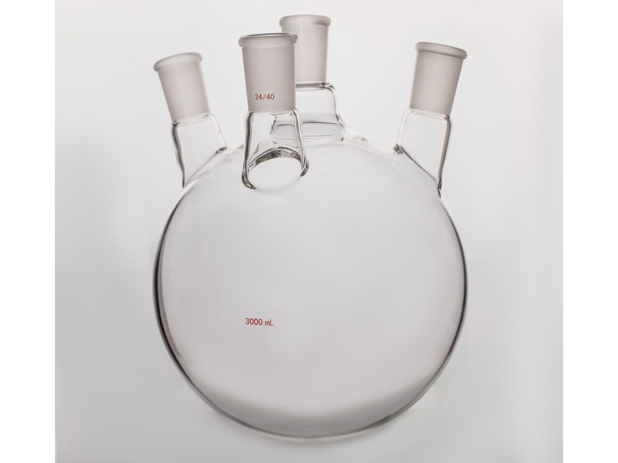 MSE PRO Slanted Four-Mouth Round Bottom Ball Bottle, Middle Grinding Mouth: 24/40, Side Grinding Mouth: 24/40, Front Grinding Mouth: 24/40, 3000mL