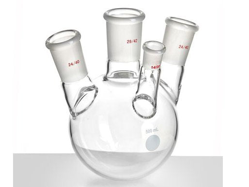 MSE PRO Slanted Four-Mouth Round Bottom Ball Bottle, Middle Grinding Mouth: 29/42, Side Grinding Mouth: 24/40, Front Grinding Mouth: 14/20, 500mL