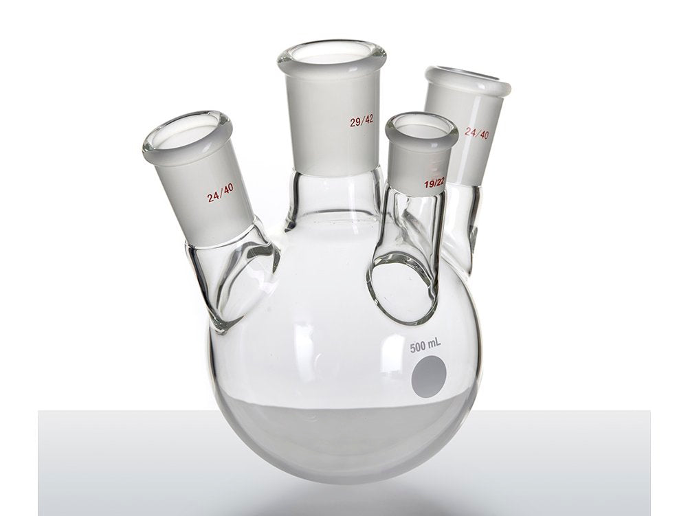 MSE PRO Slanted Four-Mouth Round Bottom Ball Bottle, Middle Grinding Mouth: 29/42, Side Grinding Mouth: 24/40, Front Grinding Mouth: 19/22, 500mL