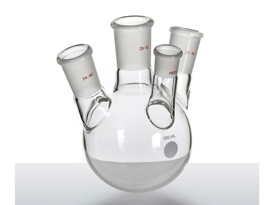 MSE PRO Slanted Four-Mouth Round Bottom Ball Bottle, Middle Grinding Mouth: 29/42, Side Grinding Mouth: 24/40, Front Grinding Mouth: 19/22, 500mL