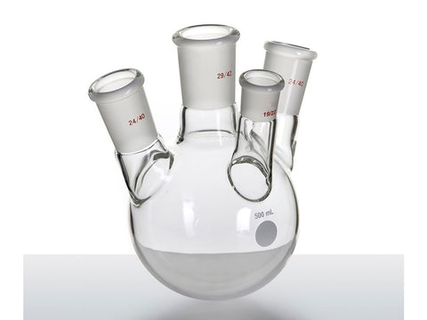 MSE PRO Slanted Four-Mouth Round Bottom Ball Bottle, Middle Grinding Mouth: 29/42, Side Grinding Mouth: 24/40, Front Grinding Mouth: 19/22, 500mL