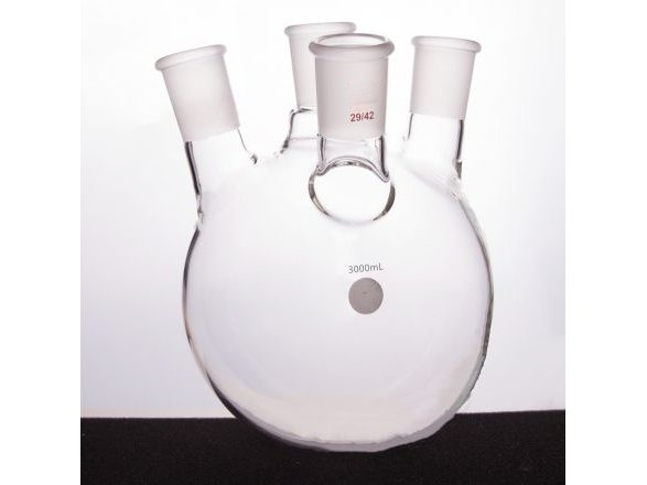 MSE PRO Slanted Four-Mouth Round Bottom Ball Bottle, Main Grinding Mouth: 29/42, Side Grinding Mouth: 29/42, Front Grinding Mouth: 24/40, 3000mL