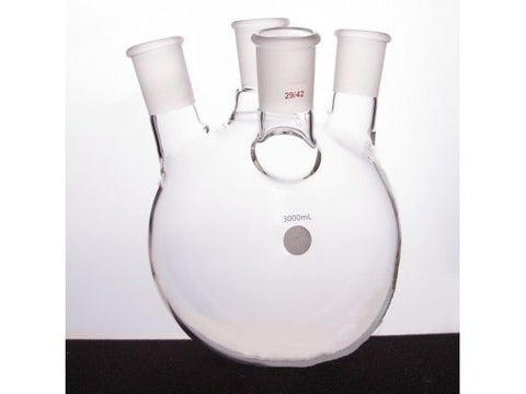 MSE PRO Slanted Four-Mouth Round Bottom Ball Bottle, Main Grinding Mouth: 29/42, Side Grinding Mouth: 29/42, Front Grinding Mouth: 24/40, 3000mL