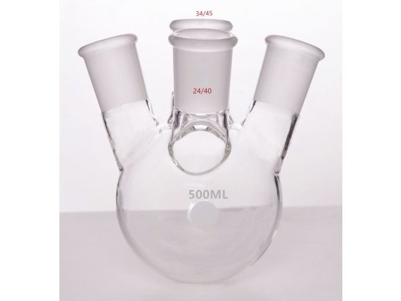 MSE PRO Slanted Four-Mouth Round Bottom Ball Bottle, Middle Grinding Mouth: 34/45, Side Grinding Mouth: 24/40, 500mL