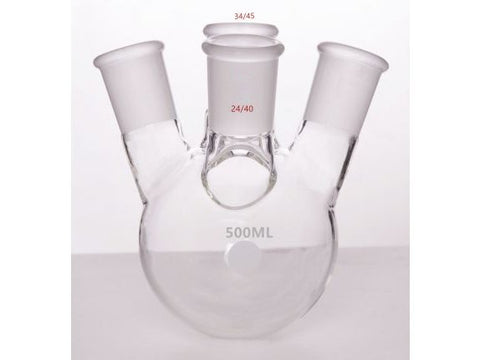 MSE PRO Slanted Four-Mouth Round Bottom Ball Bottle, Middle Grinding Mouth: 34/45, Side Grinding Mouth: 24/40, 500mL