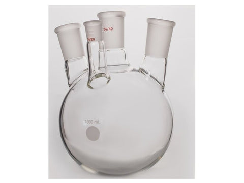 MSE PRO Slanted Four-Mouth Round Bottom Ball Bottle, Middle Grinding Mouth: 24/40, Side Mouth: 24/40, Front Mouth: 14/20, 1000mL