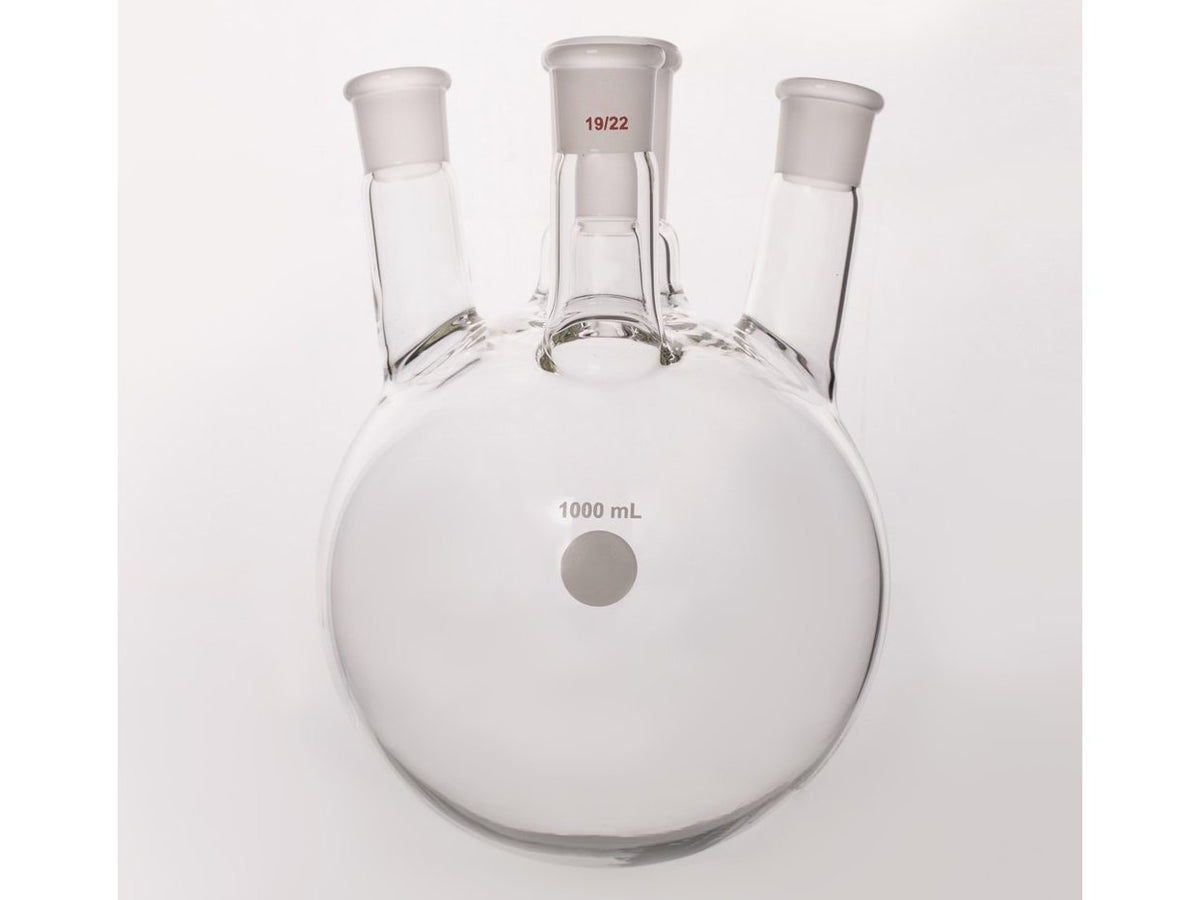 MSE PRO Slanted Four-Mouth Round Bottom Ball Bottle, Middle Grinding Mouth: 24/40, Side Mouth: 19/22, Front Mouth: 19/22, 1000mL