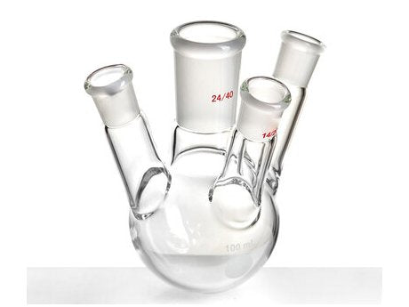 MSE PRO Slanted Four-Mouth Round Bottom Ball Bottle, Middle Grinding Mouth: 24/40, Side Mouth: 14/20, Front Mouth: 14/20, 100mL