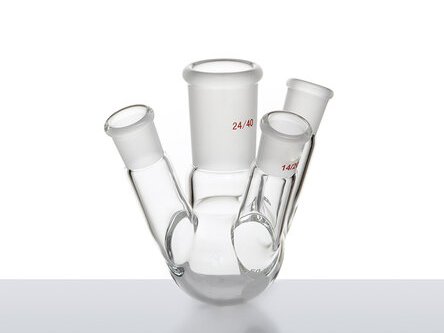 MSE PRO Slanted Four-Mouth Round Bottom Ball Bottle, 50mL, Middle Grinding Mouth: 24/40, Side Grinding Mouth: 14/20