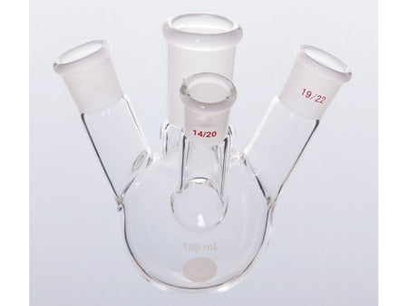 MSE PRO Slanted Four-Mouth Round Bottom Ball Bottle, Middle Grinding Mouth: 24/40, Side Mouth: 19/22, Front Mouth: 14/20, 100mL