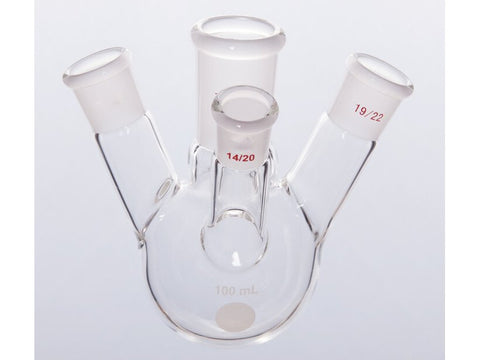 MSE PRO Slanted Four-Mouth Round Bottom Ball Bottle, Middle Grinding Mouth: 24/40, Side Mouth: 19/22, Front Mouth: 14/20, 100mL