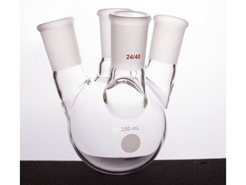 MSE PRO Slanted Four-Mouth Round Bottom Ball Bottle, Middle Grinding Mouth: 24/40, Side Grinding Mouth: 24/40, 250mL
