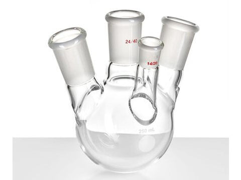 MSE PRO Slanted Four-Mouth Round Bottom Ball Bottle, Middle Grinding Mouth: 24/40, Side Mouth: 24/40, Front Mouth: 14/20, 250mL