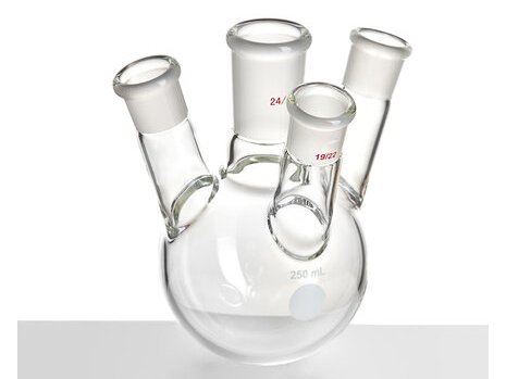 MSE PRO Slanted Four-Mouth Round Bottom Ball Bottle, Middle Grinding Mouth: 24/40, Side Mouth: 19/22, Front Mouth: 19/22, 250mL