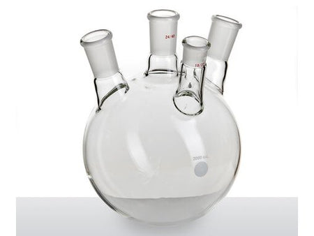 MSE PRO Slanted Four-Mouth Round Bottom Ball Bottle, Middle Grinding Mouth: 24/40, Side Mouth: 24/40, Front Mouth: 19/22, 2000mL