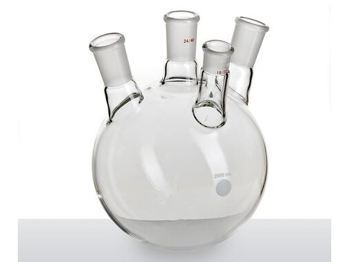MSE PRO Slanted Four-Mouth Round Bottom Ball Bottle, Middle Grinding Mouth: 24/40, Side Mouth: 24/40, Front Mouth: 19/22, 2000mL