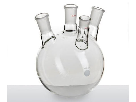 MSE PRO Slanted Four-Mouth Round Bottom Ball Bottle, Middle Grinding Mouth: 24/40, Side Mouth: 24/40, Front Mouth: 19/22, 2000mL