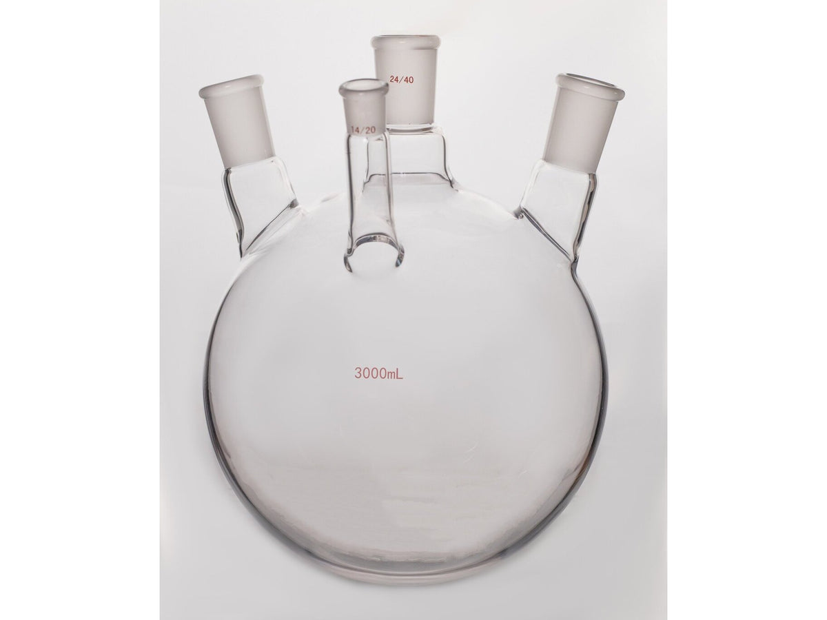 MSE PRO Slanted Four-Mouth Round Bottom Ball Bottle, Middle Grinding Mouth: 24/40, Side Mouth: 24/40, Front Mouth: 14/20, 3000mL