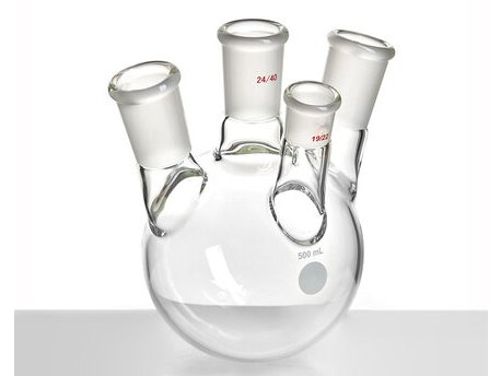 MSE PRO Slanted Four-Mouth Round Bottom Ball Bottle, Middle Grinding Mouth: 24/40, Side Mouth: 24/40, Front Mouth: 19/22, 500mL