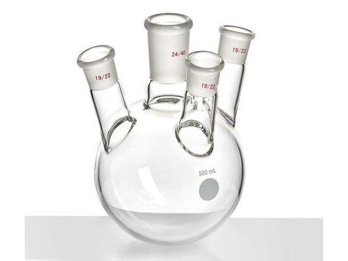 MSE PRO Slanted Four-Mouth Round Bottom Ball Bottle, Middle Grinding Mouth: 24/40, Side Mouth: 19/22, Front Mouth: 19/22, 500mL