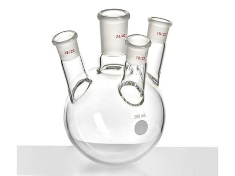 MSE PRO Slanted Four-Mouth Round Bottom Ball Bottle, Middle Grinding Mouth: 24/40, Side Mouth: 19/22, Front Mouth: 19/22, 500mL