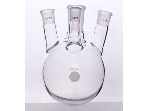 MSE PRO Slanted Four-Mouth Round Bottom Ball Bottle, Middle Grinding Mouth: 24/40, Side Mouth: 19/22, Front Mouth: 14/20, 500mL