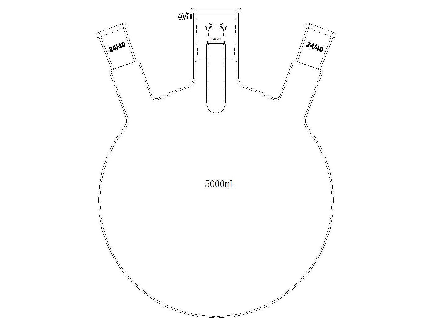 MSE PRO Slanted Four-Mouth Round Bottom Ball Bottle, Middle Grinding Mouth: 40/50, Side Mouth: 24/40, Front Mouth: 14/20, 5000mL