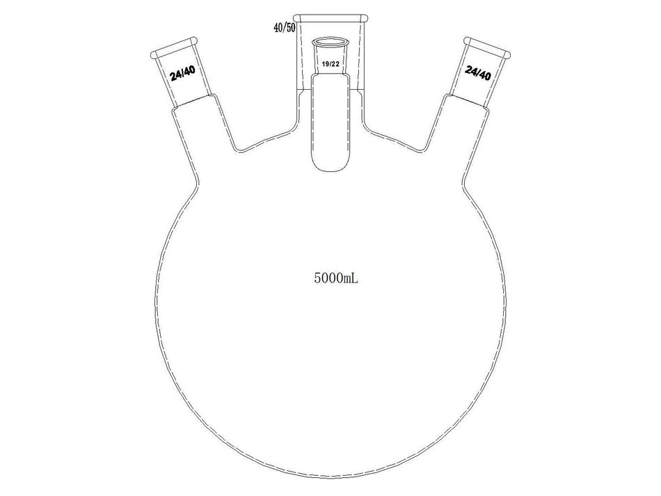 MSE PRO Slanted Four-Mouth Round Bottom Ball Bottle, Middle Grinding Mouth: 40/50, Side Mouth: 24/40, Front Mouth: 19/22, 5000mL