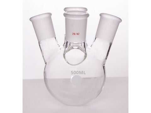 MSE PRO Slanted Four-Mouth Round Bottom Ball Bottle, Middle Grinding Mouth: 29/42, Side Grinding Mouth: 29/42, 500mL