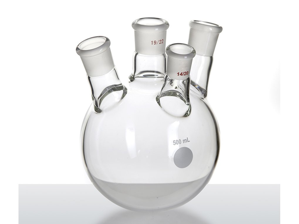 MSE PRO Slanted Four-Mouth Round Bottom Ball Bottle, Middle Mouth: 19/22, Side Mouth: 19/22, Front Mouth: 14/20, 500mL
