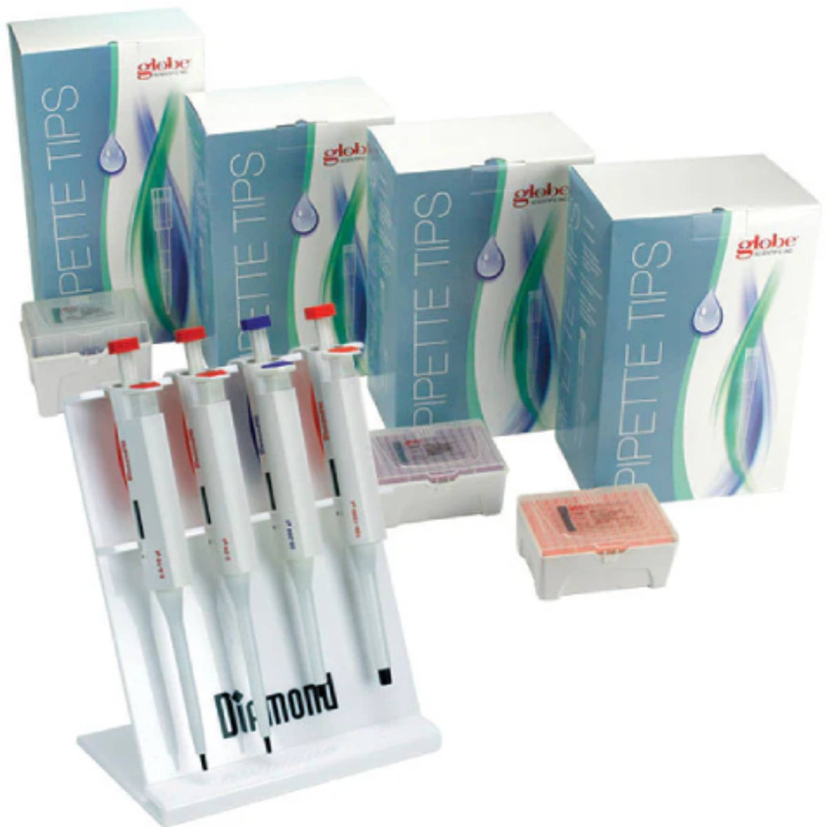 Globe Scientific Diamond PRO Pipettor Starter Pack4 Pipettors, 4 Boxes/Tips And A Stand